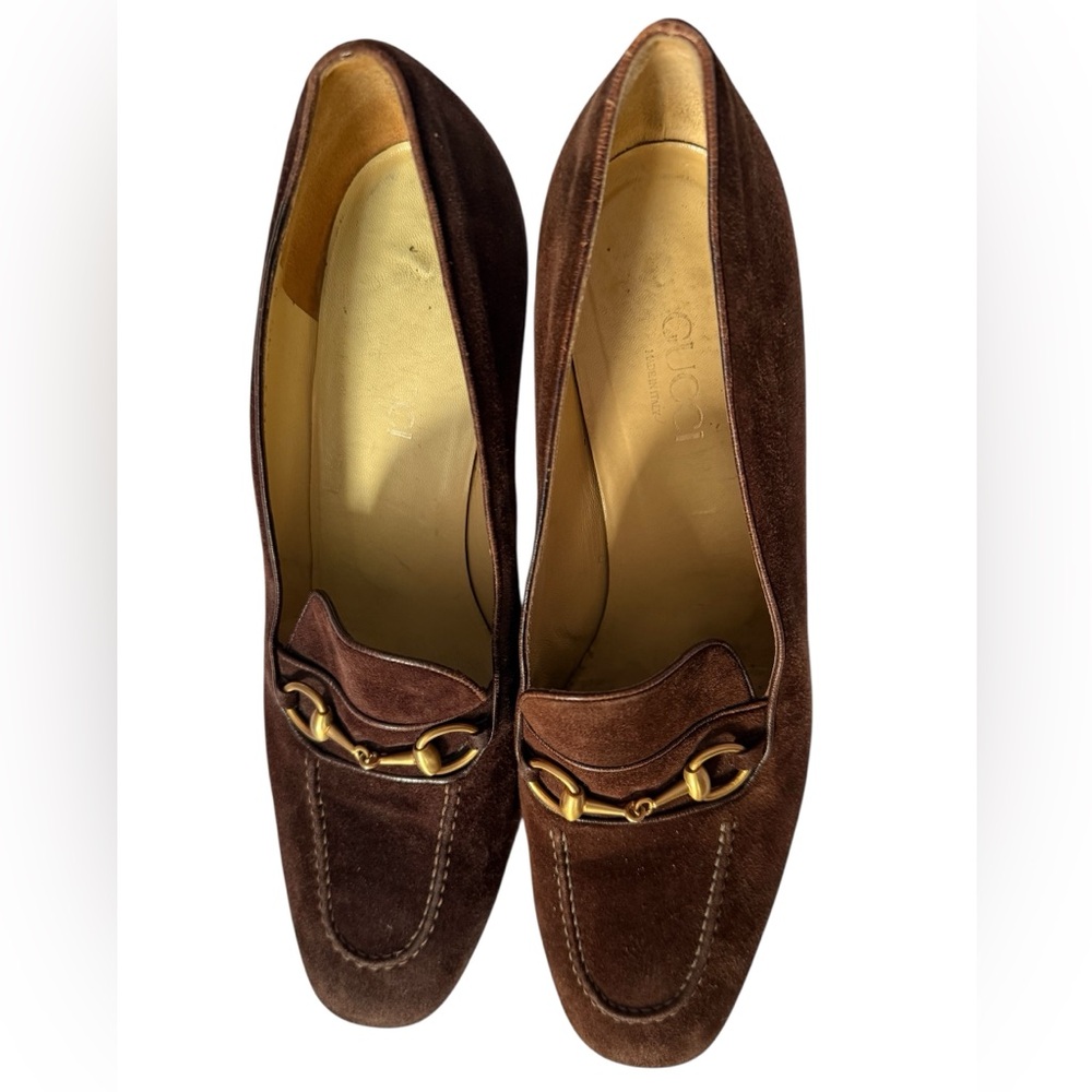 Gucci Brown Suede Horsebit Loafer Heels Platform Size 39.5 Made Italy